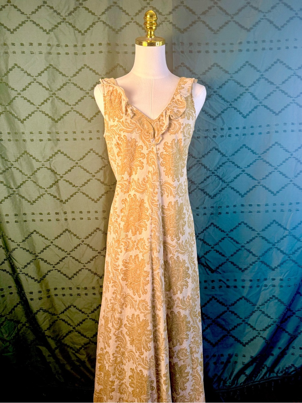 Sleeveless Cream Maxi Dress with Gold Damask Print and Ruffle V-Neck